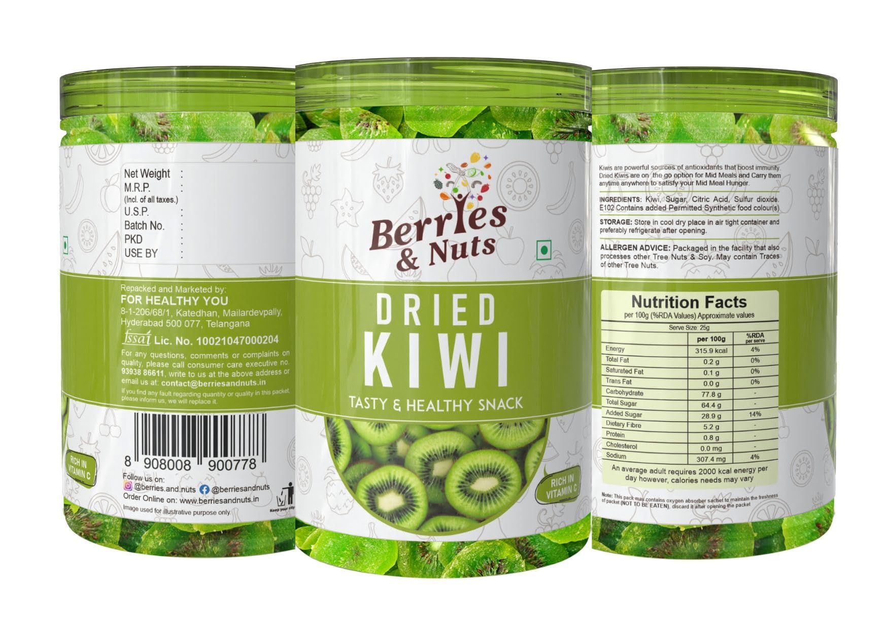 

Berries And Nuts Dehydrated Dried Kiwi | Dry Fruit Kiwi | 600 Grams | 3 Bottle of 200 Grams