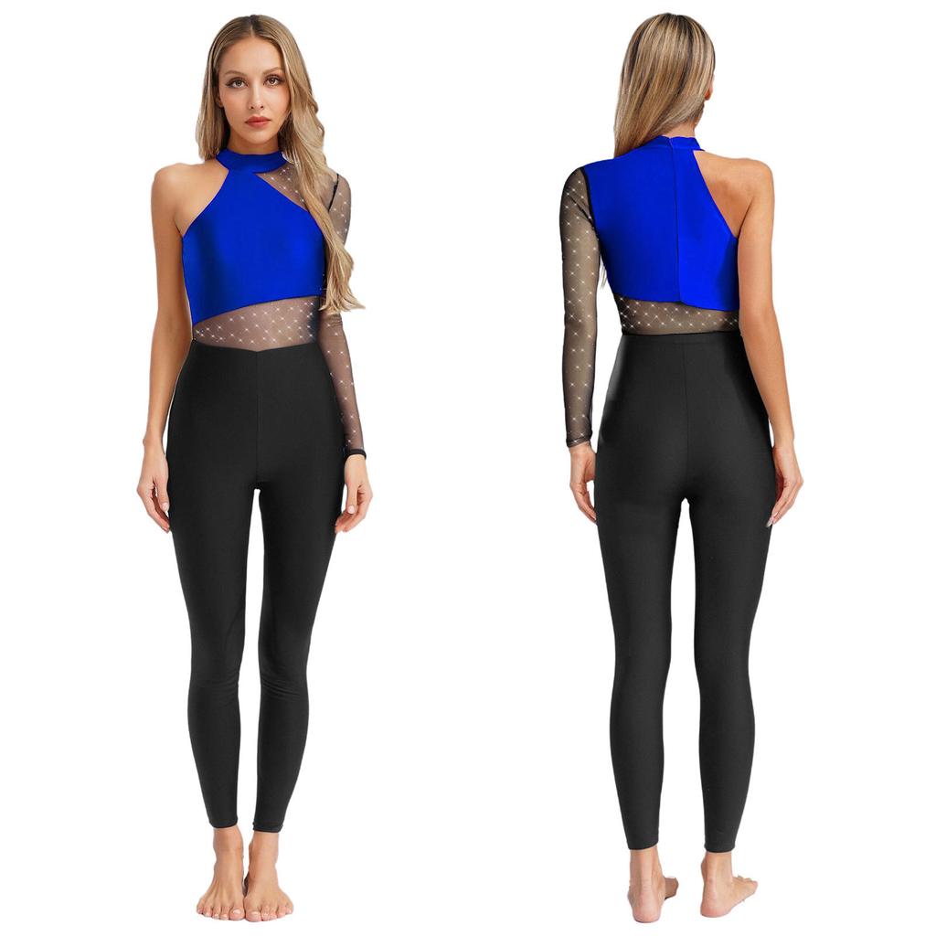 Ein-Schulter Tanz- und Bühnenbody für Damen S-XXL: Funkelndes Strass- und transparentes Netz-Langarm-Gymnastiktrikot