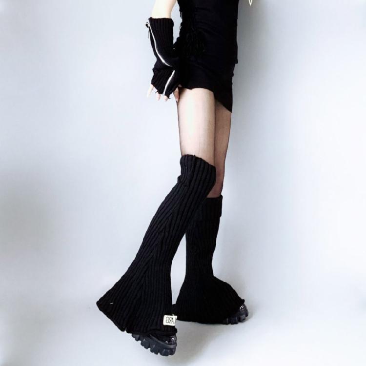 Harajuku Women Lolita Flared Leg Warmer Rib Knit Striped Letters Knee High Socks