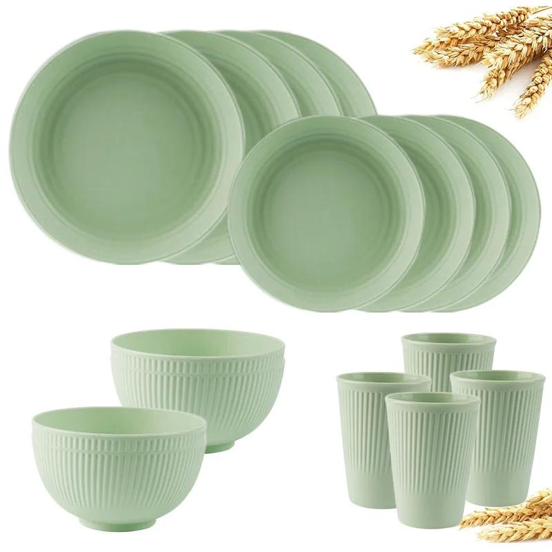 16Pcs Wheat Straw Dinnerware Set Eco Friendly Tableware Unbreakable Kitchen Cutlery Dishes Eating Cutlery Camping Service for 4