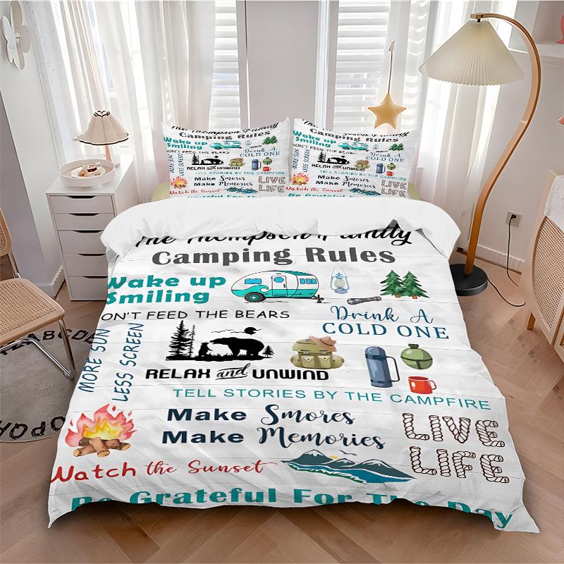 3pcs The Thompson Family Camping Adventure Printed Quilt Set, Includes 1 Quilt Cover and 2 Pillowcases