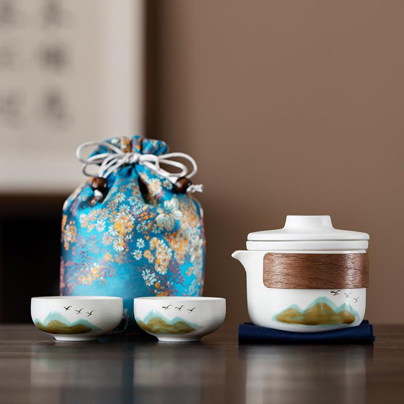 Travel tea set Portable home retro storage bag Business trip tea coarse pottery and Kuaike cup Commemorative opening event