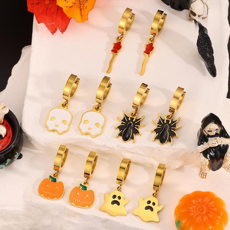 Titanium and Steel Earrings - Halloween Style Earrings - Pumpkin Head Witch-style Vintage Earrings