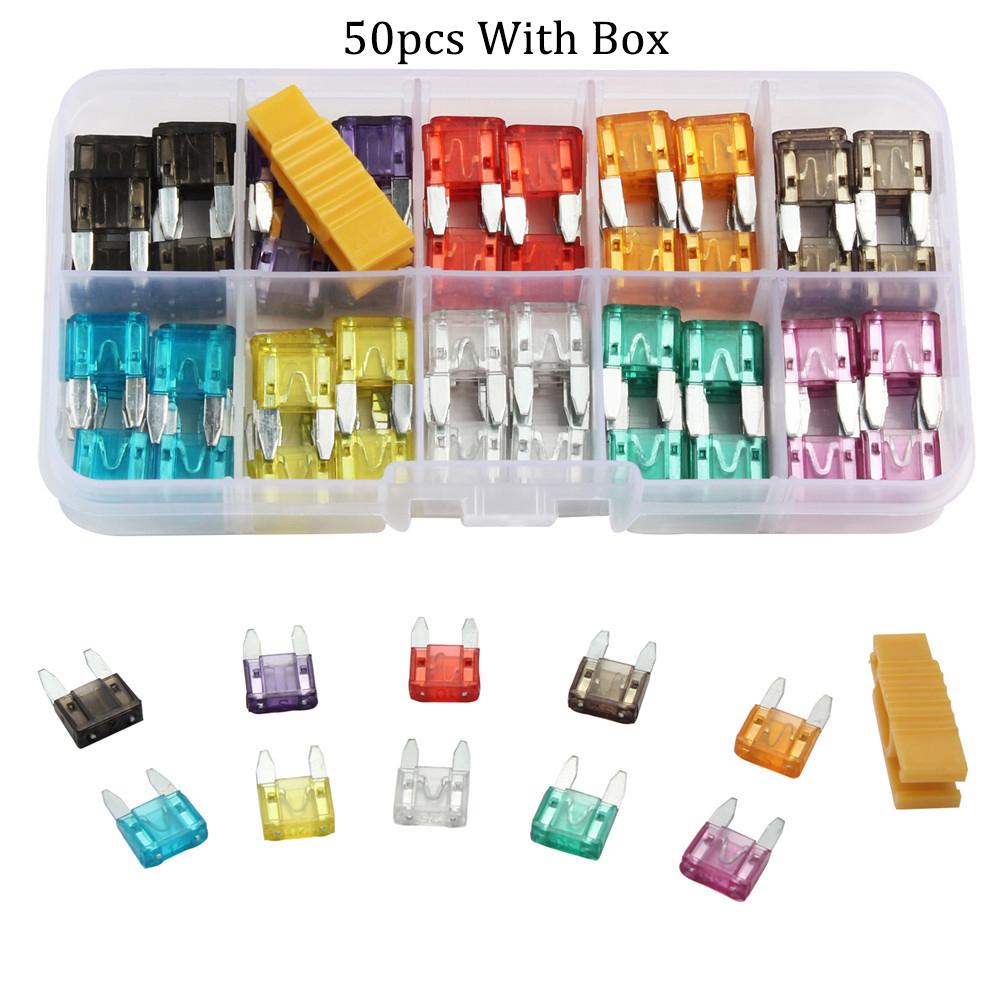 50PCS/Lot Car Fuses 2A 3A 5A 7.5A 10A 15A 20A 25A 30A 35A Amp with Box Clip Assortment Auto Blade Type Fuse Set Truck
