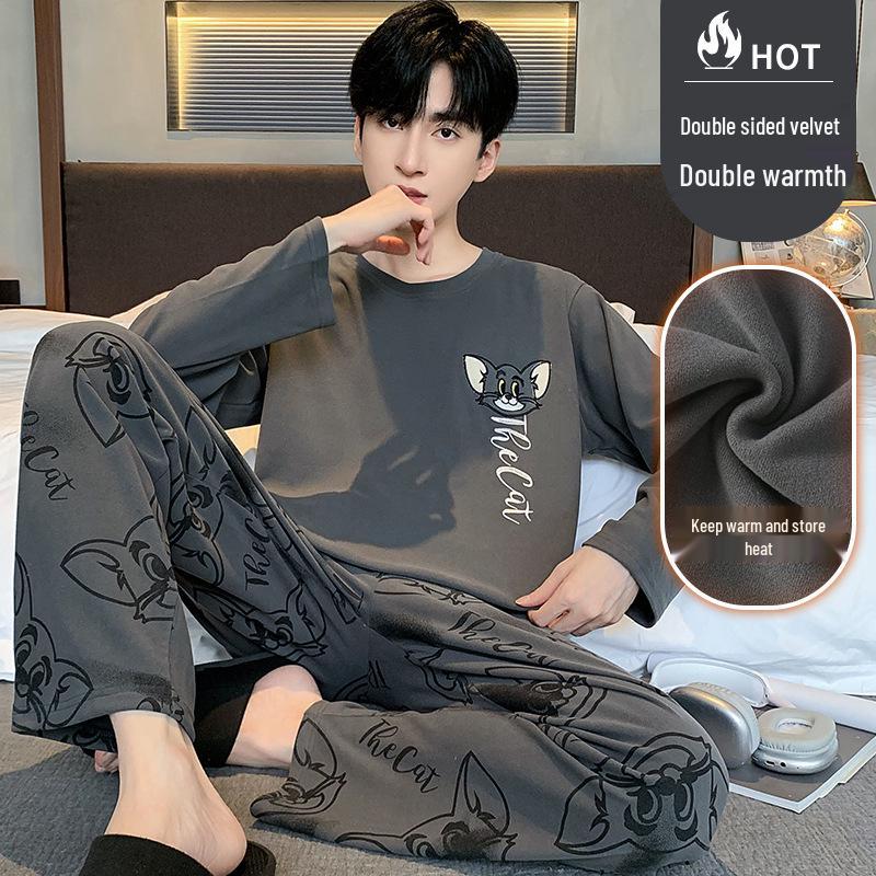 Men's Warm Velvet Pajamas - Casual Long-Sleeve Cartoon Print, Autumn/Winter, Loose Fit, Round Neck, Suitable for Teenagers and Children.