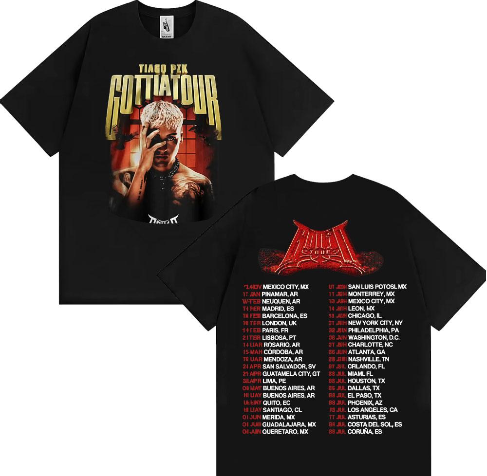2025 Summer Rapper Tiago Pzk MERCH GOTTI A Tour Graphic Tshirt Mens Retro Gothic Casual Cotton Shortsleeved Street Wear S
