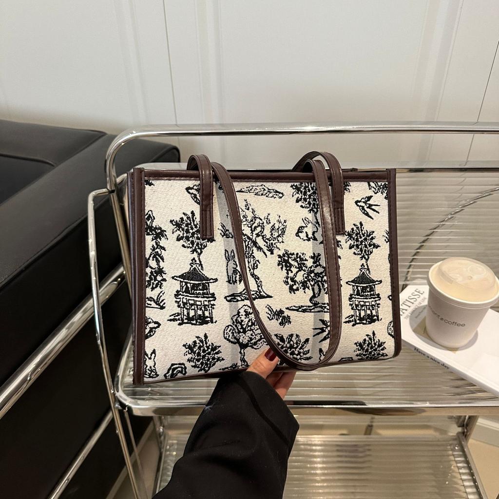 National style ink painting bag 2025 spring new antique fashion large capacity shoulder bag feeling women's bag tote bag women