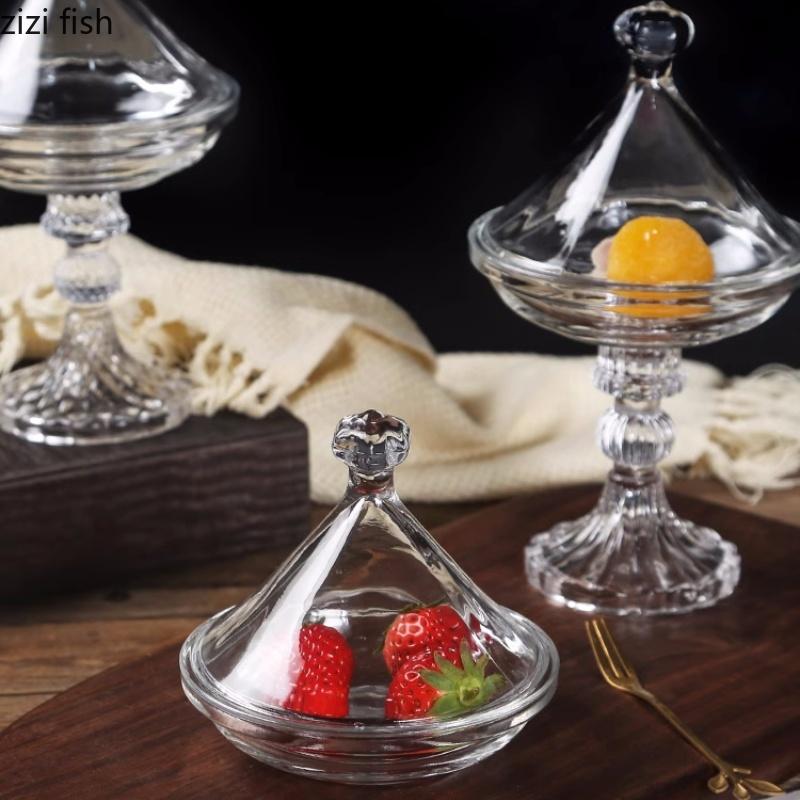 Transparent Glass Dessert Plate with Cover Tasting Plate High Footed Cake Plates Display Tray Cake Glass Cover Dim Sum Dish Bowl