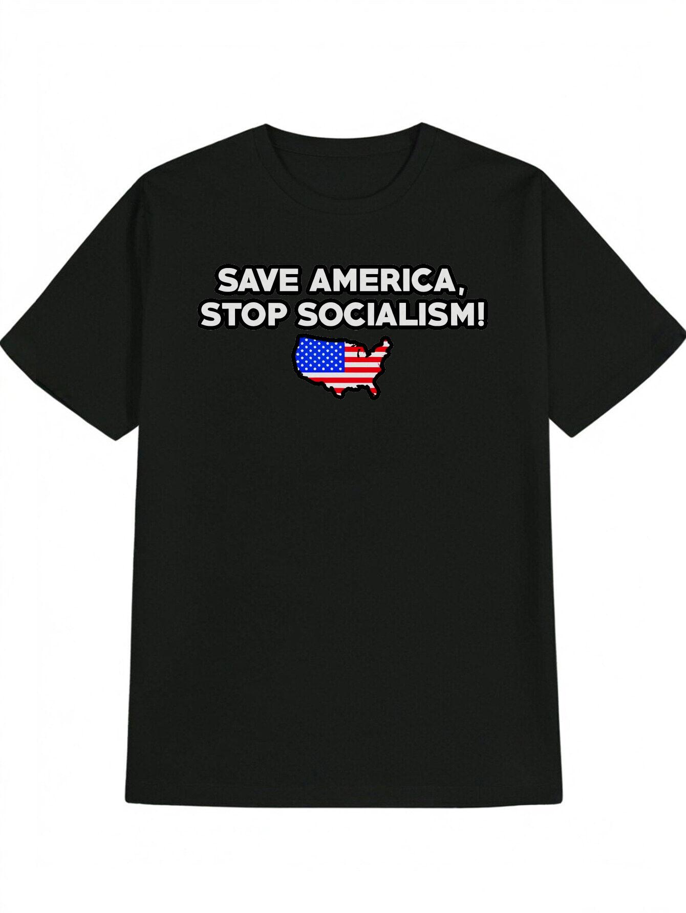 Casual Graphic T-shirt - Patriotic Save America Stop Socialism Slogan & US Map Print M