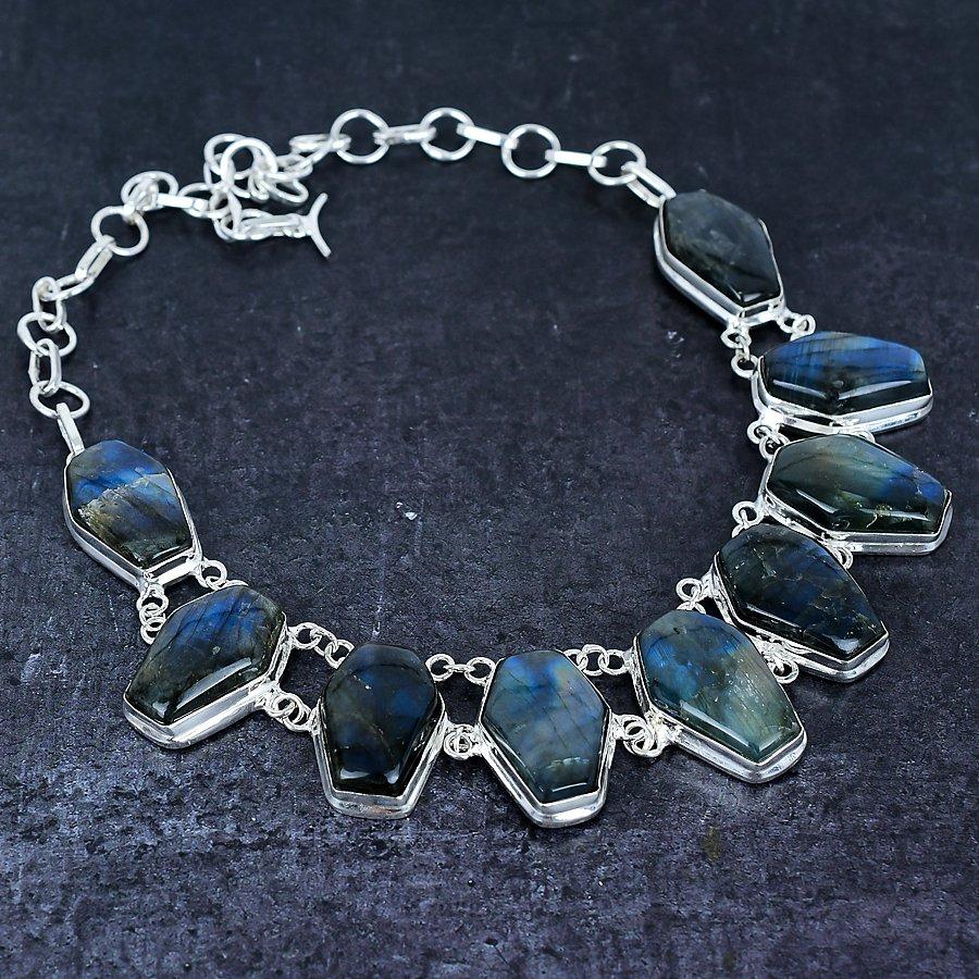 Natural Labradorite Gemstone 925 Sterling Silver Jewelry Necklace 18" m4V76