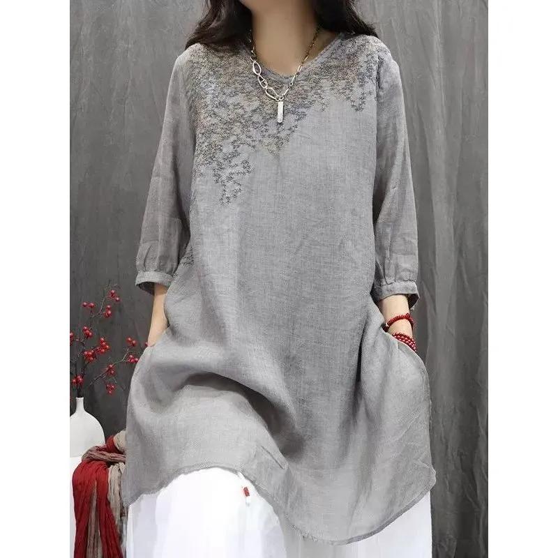 Spring/Summer Retro Embroidered Shirt Loose Literary Leisure Mid-length Women's Top
