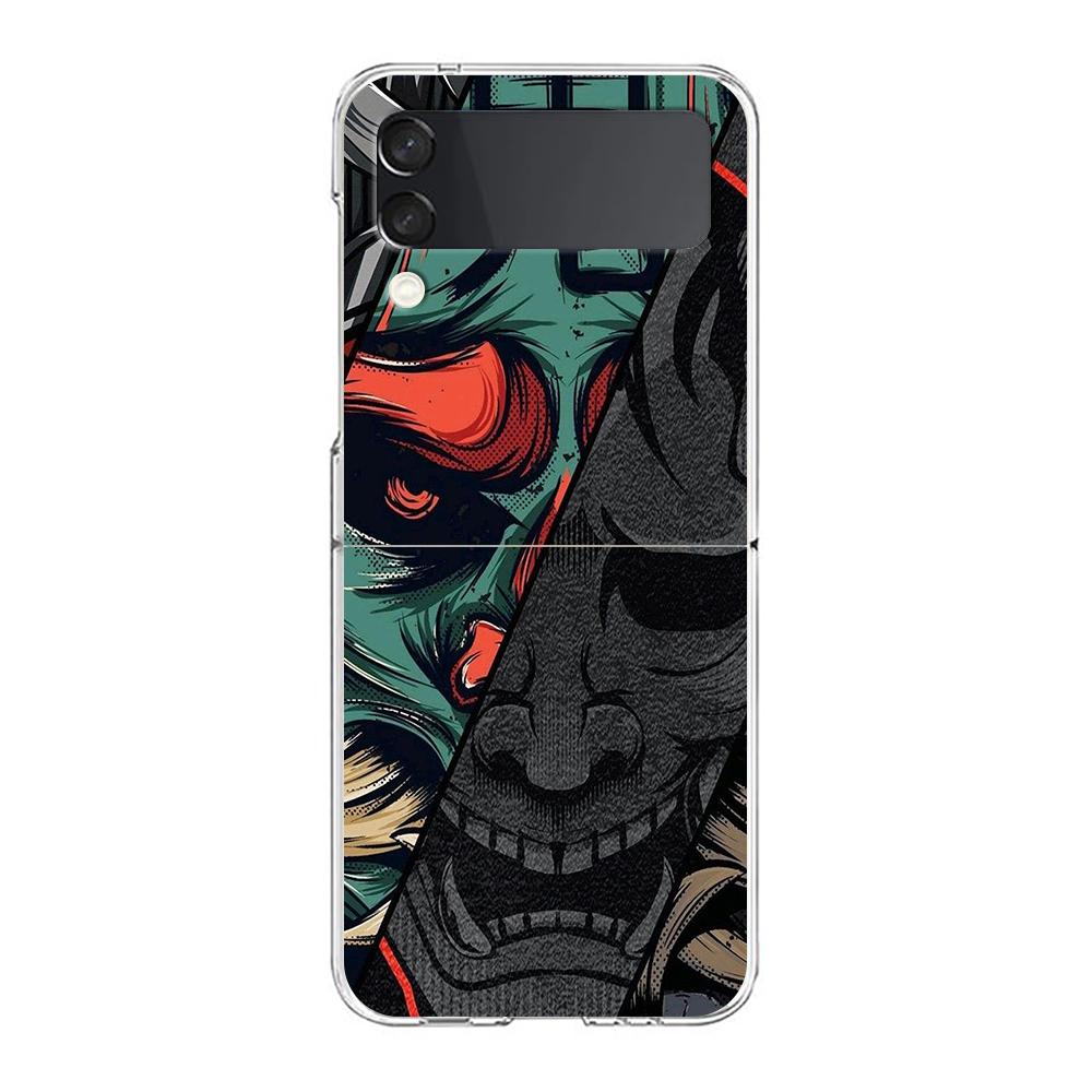 Transparent Phone Case For Samsung Galaxy Z Flip 3 4 5 6 7 Hard Folding PC Z Flip3 Flip4 Cover Japan Ghost Face Samurai