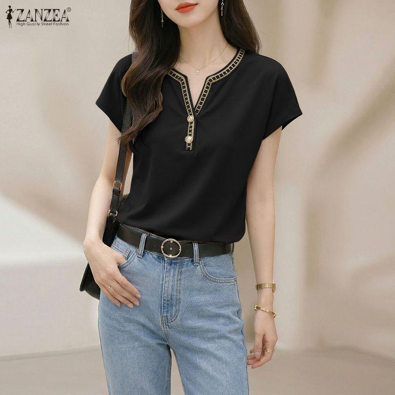 ZANZEA Women Splice V-Neck Loose Casual Short Sleeve Blouse