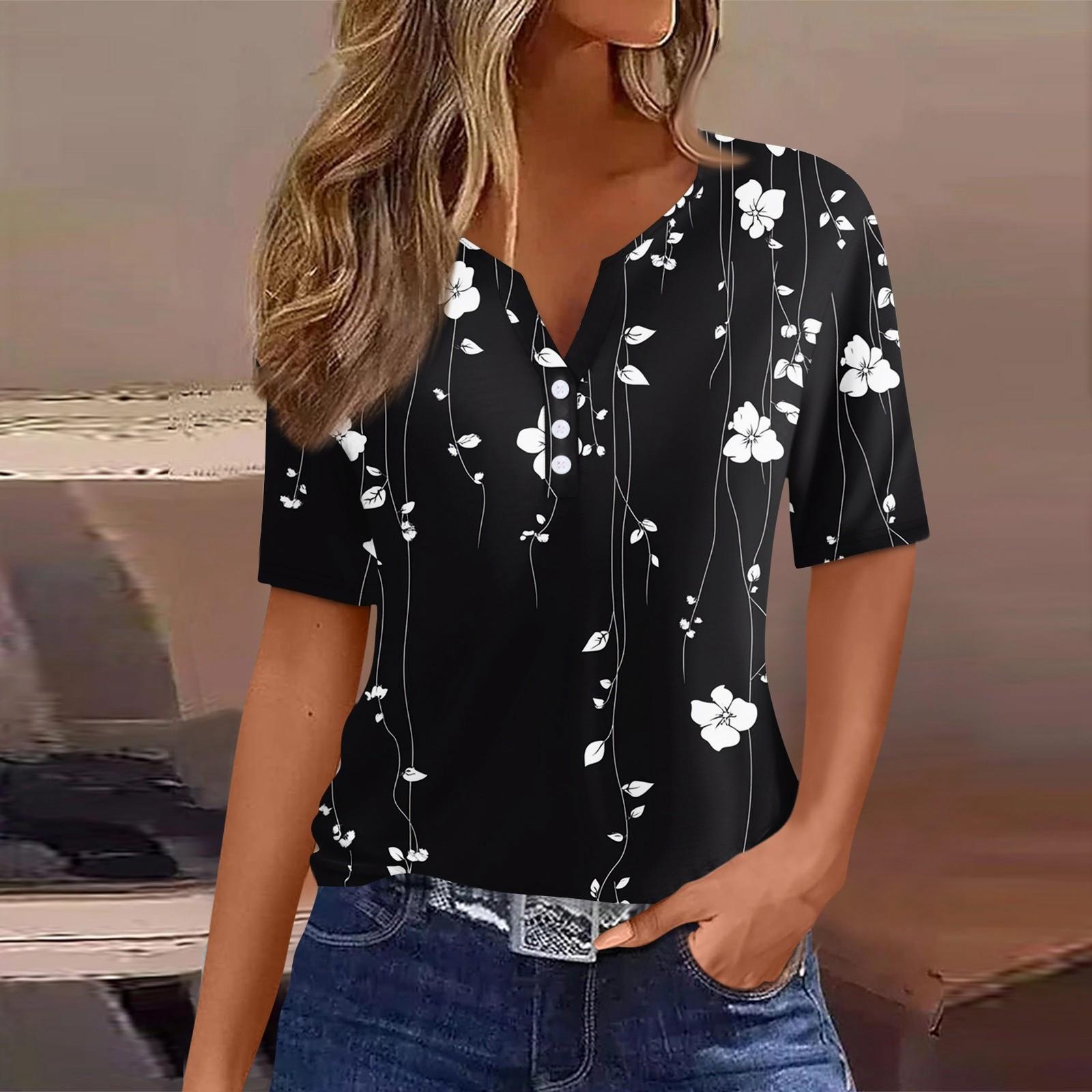 

Женская футболка с принтом на пуговицах, короткий рукав, туника, повседневная, выходного дня, модная, базовая, с V-образным вырезом, стандартный топ XL чёрный