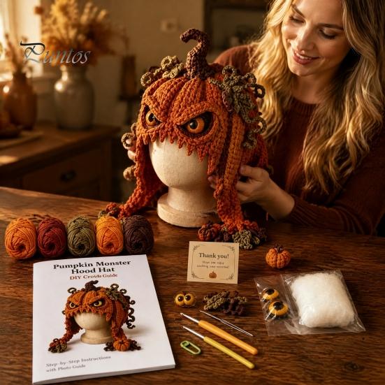 DIY Animal Hood Hat Halloween Crochet Kit, Skull Spider Bat Beginner Friendly Yarn Kit Spooky Pumpkin Earflap Craft for Adults Teens, Autumn
