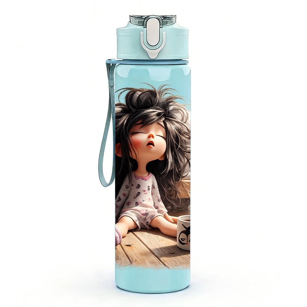 1PC Doll Toy Girl Soft Cartoon Print 750ml Color Plastic Sports Water Bottle Leakproof Flip Straw Lid Suitable for Sports Office Home Use