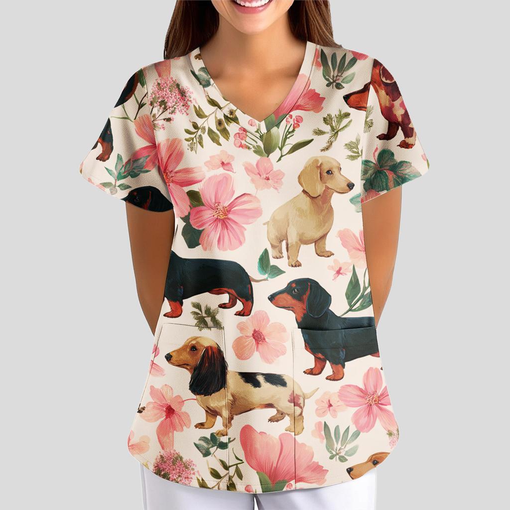 Women's Cartoon Cute Print Loose V-Neck Pocket Short-Sleeve  Uniform
