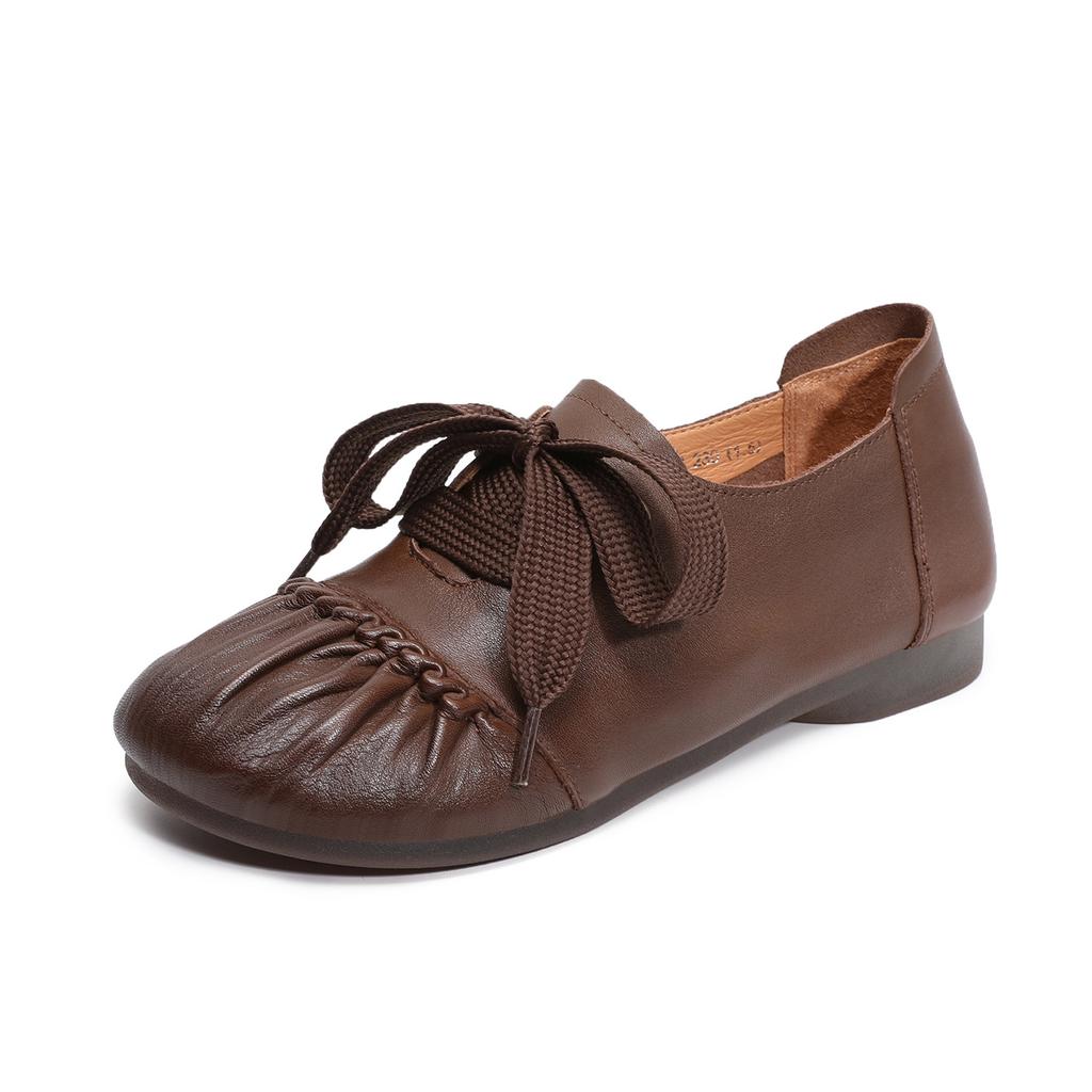Johnature Handgefertigte Retro-Damen-Schuhe aus echtem Leder mit weicher Sohle, bequeme Schnürschuhe mit Falten und niedrigem Absatz