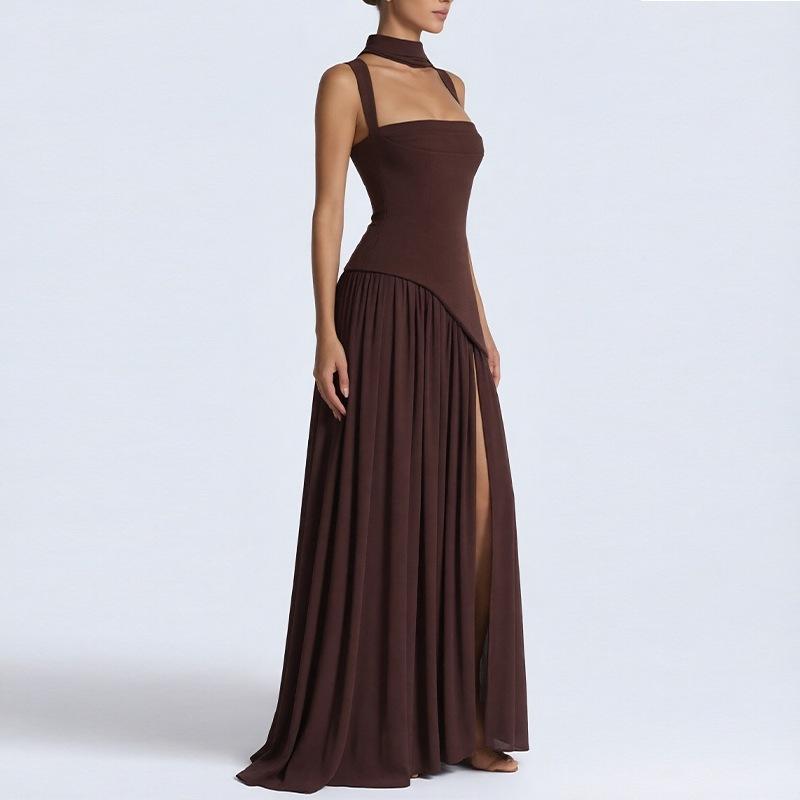 Abito Lungo Sexy Schiena Scoperta Scollo Quadrato Donna Abito Elegante Senza Maniche Spacco Alto sulla Coscia Pieghettato Club Festa Abito Lungo