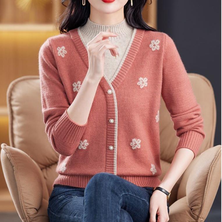 Women's Semi-turtleneck Sweater Autumn Winter Thickened Printed Color-block Knit Sweater Loose Jacquard Pullover Knit Top Outwear
