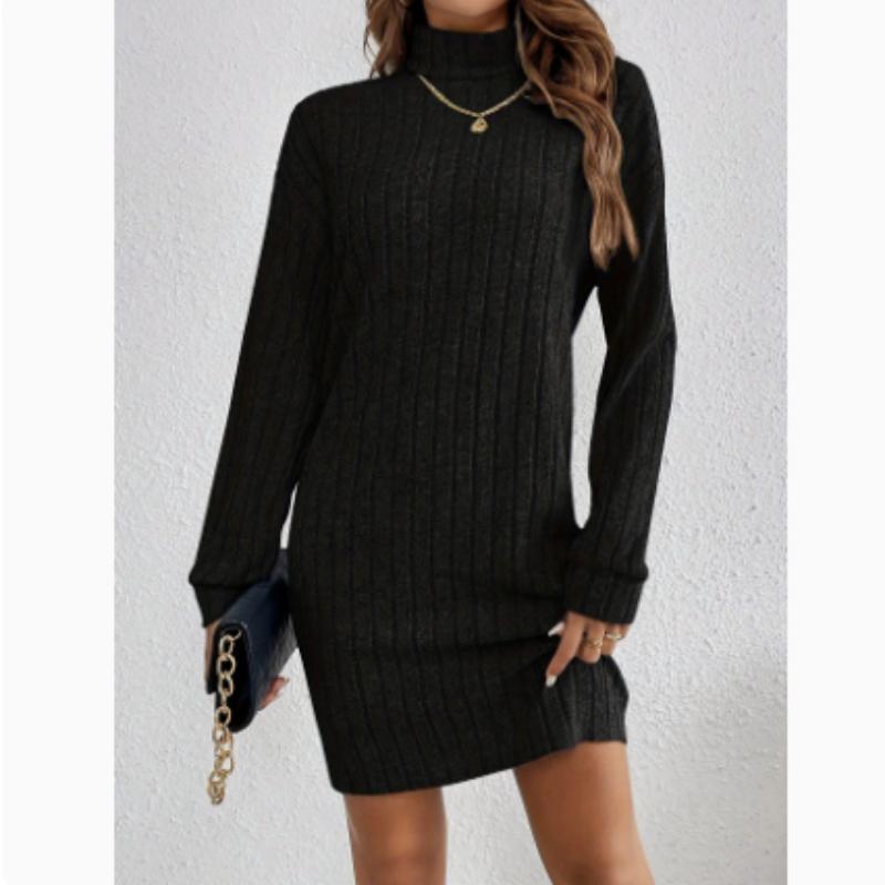 Fashion Elegant Fall Winter High Neck Drop Shoulder Ribbed Dress