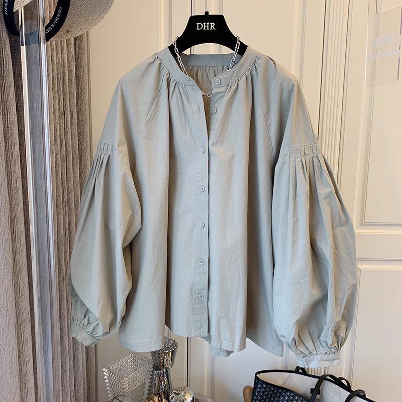 

Spring and Autumn new women s clothing retro pleated bubble sleeves loose shirt top women s chic shirt XL хакі