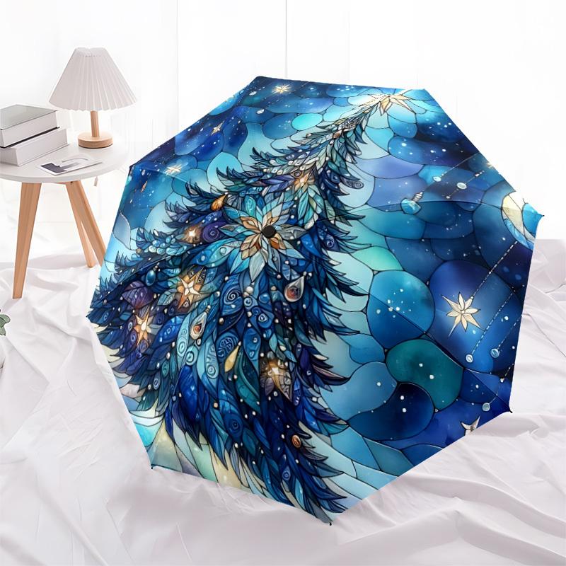 1pc Christmas Tree Winter Scene Automatic Folding Umbrella, Lightweight Retractable Compact Travel Umbrella, 8-Rib Sturdy Frame159