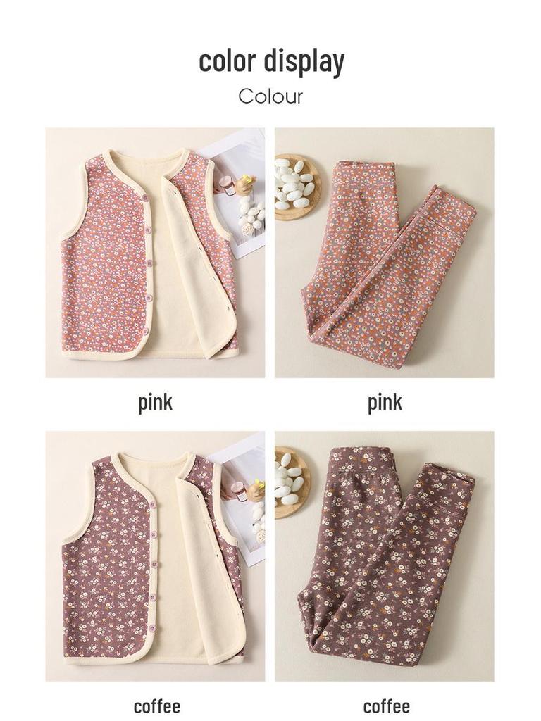 Girls' Winter Velvet Floral Vest & Fleece Pants School Uniform
