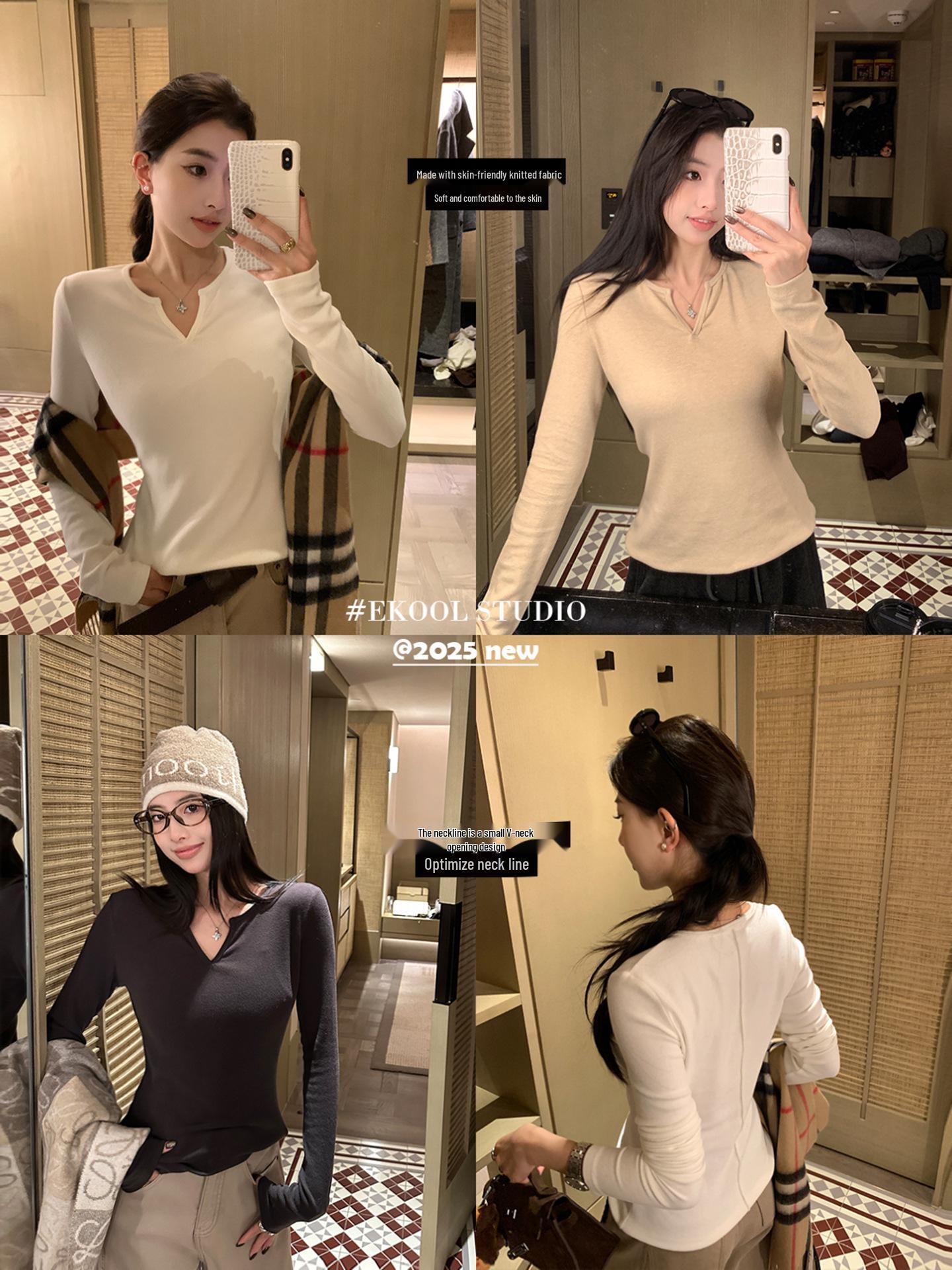 

Baishiwang Women s V-neck Long-sleeve Winter Slimming Base Layer Top 2025 S