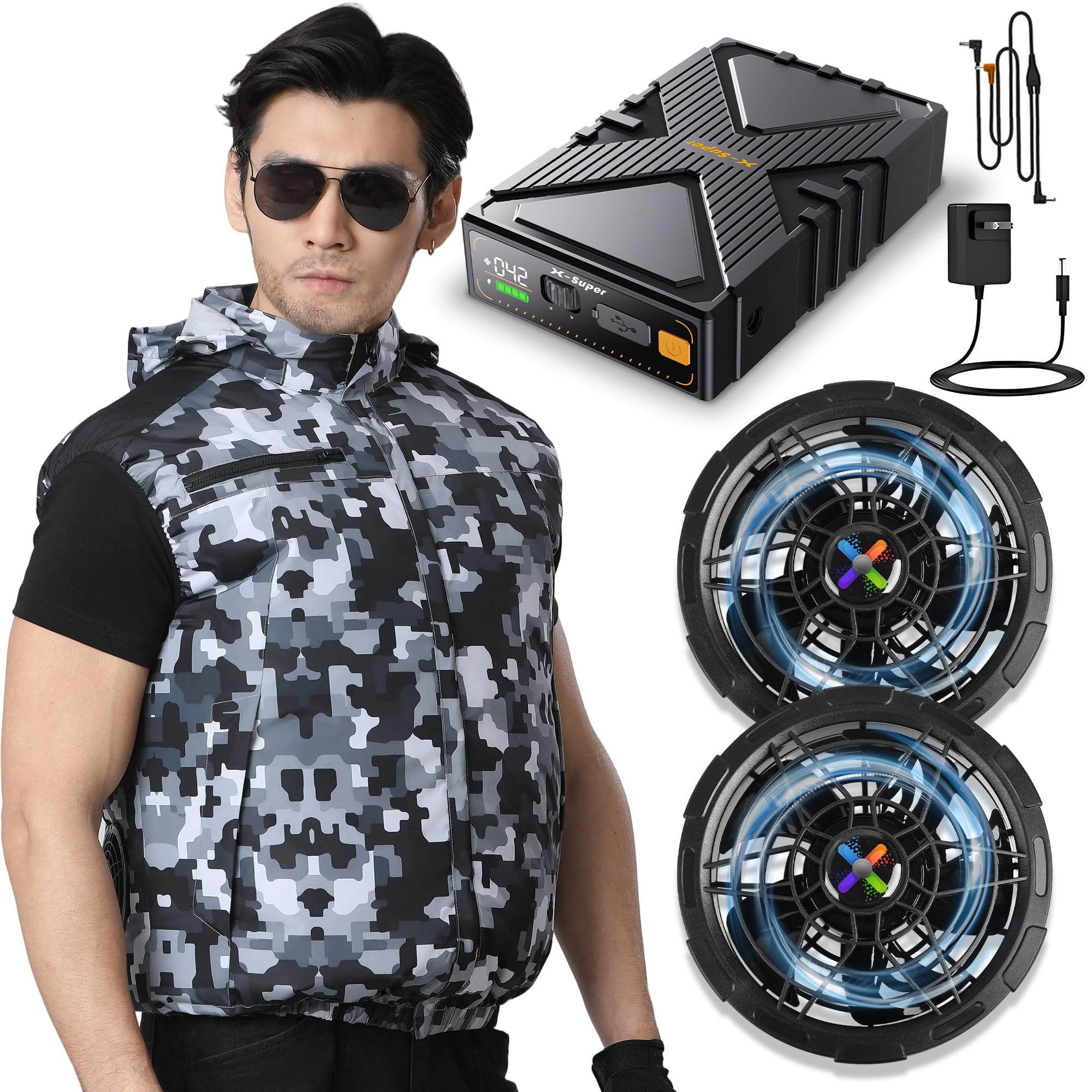 

Timunko 42V Выход Новый на Лето Рабочая одежда с вентилятором с коротким рукавом с регулируемым вентилятором PSE Мощный тепловой удар Для улицы Жилет [Максимум и 2025] Комплект,