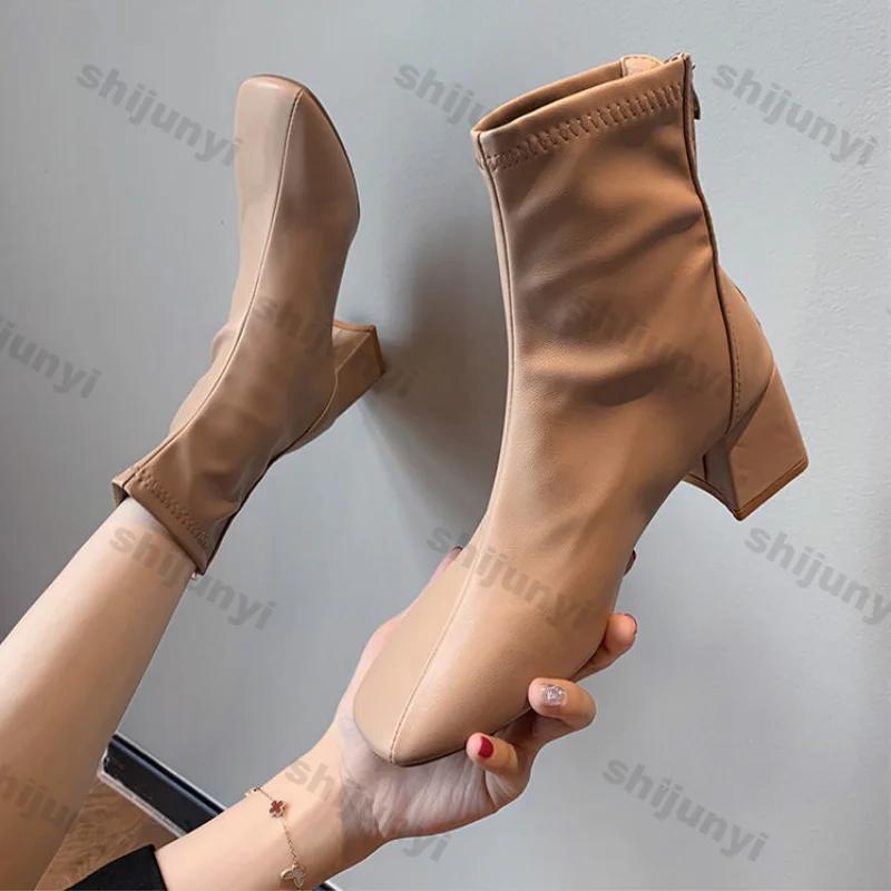 Women's Fashion Chunky Ankle Boots Autumn New Fashion Pointed Toe Square Head Short Thick Zipper Comfortable Non-slip Goth Boots