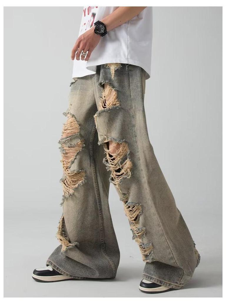 Used Ripped Slim Straight Jeans: Unisex Retro Nischendesign