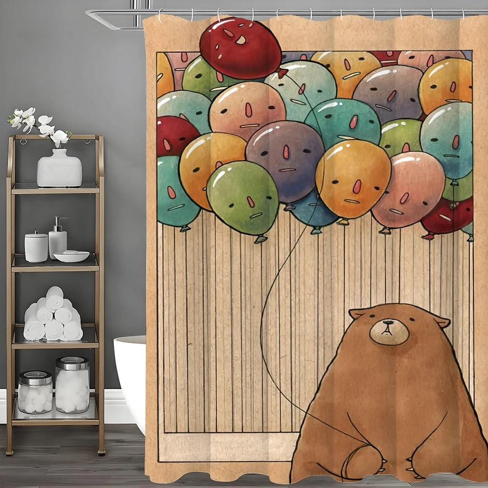

Мультяшная Милая Медведь Воздушный Шар Занавеска для Душа, Декоративная Занавеска для Ванной, Водонепроницаемая Занавеска для Душа с Крючками W90xH180cm
