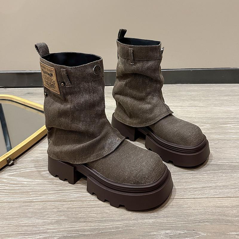 

Ретро ботинки Мартин на толстой подошве с круглым носком женские 2025 новые джинсовые брюки ботинки-чулки модные короткие ботинки прилив 35