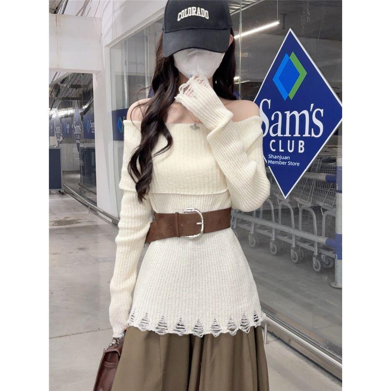 Kumikumi Design Sense Solid Temperament off-Shoulder Long sleeve Knit Women Autumn Waist Hugging Slimming Versatile Top