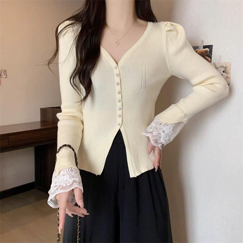 Private Lady Knit Cardigan With Lace Splicing And Princess Sleeves For Spring Wear