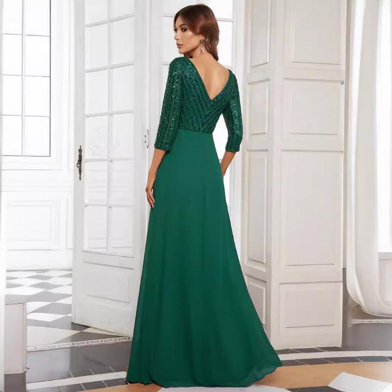 Abito da sera da donna in chiffon con scollo a V profondo, manica lunga, linea ad A, patchwork di paillettes