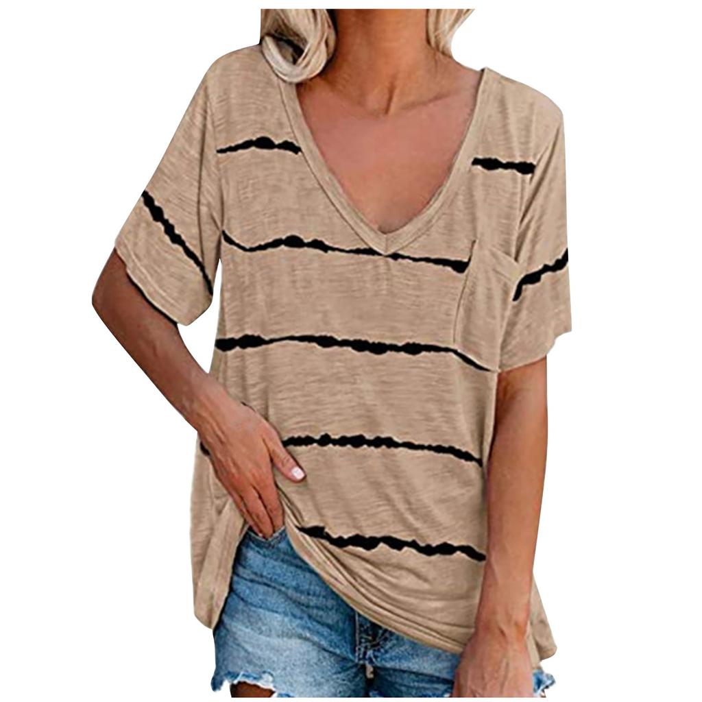 Fashion Women's Loose Summer Short Sleeve T-shirt V-neck Striped Print Tops