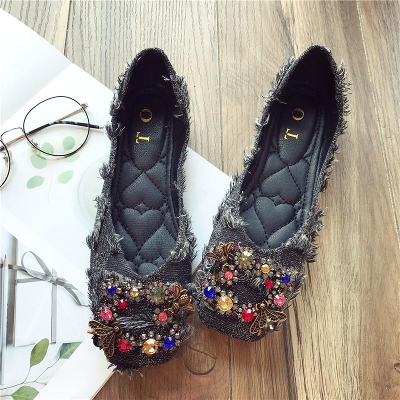 Autumn Fashionable All-match Rhinestone Square Buckle Square Toe Cloth Flat Heel Single Shoes Women's Soft Sole Moccasins