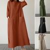 Women Casual O-neck 3/4 Sleeve Cotton Long Dress