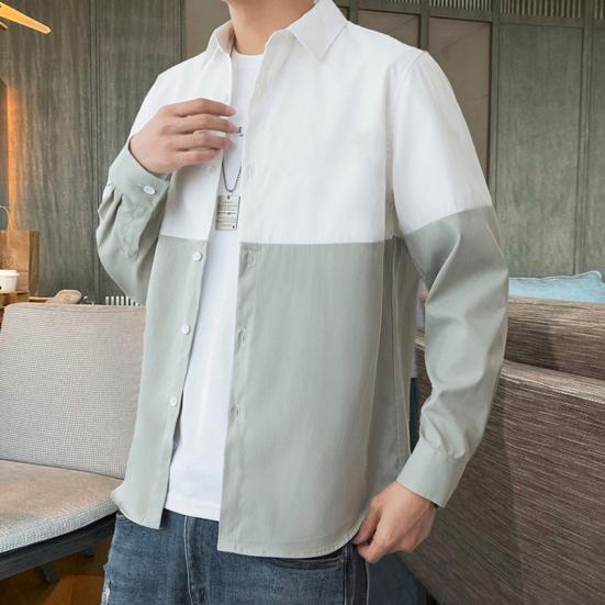 Spring Fall Men Shirt Turn-down Collar Printed Colorblock Button-down Cardigan Loose Streetwear Young Cargo Style Shirt Coat