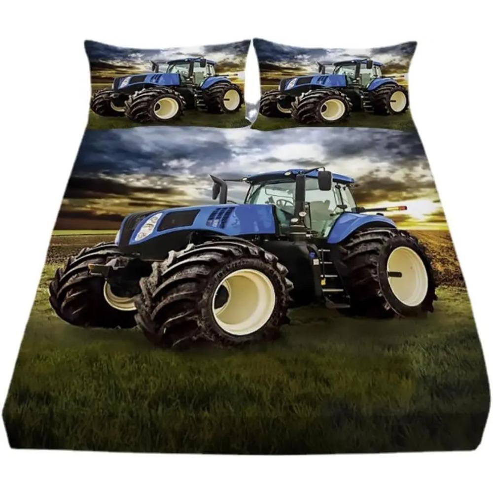3D Tractor Fitted Sheet Kids Farm Equipment Trucks Bedding Set for Boys, Tractors Vehicles Bed Sheet Set Breathable Bed Cover
