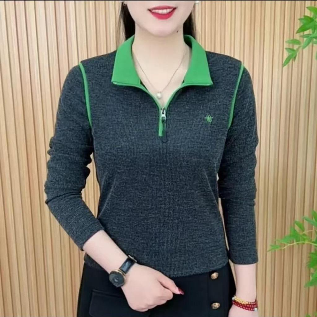 Spring & Autumn Half-Zip Color Block Embroidered Slimming Women's T-shirt