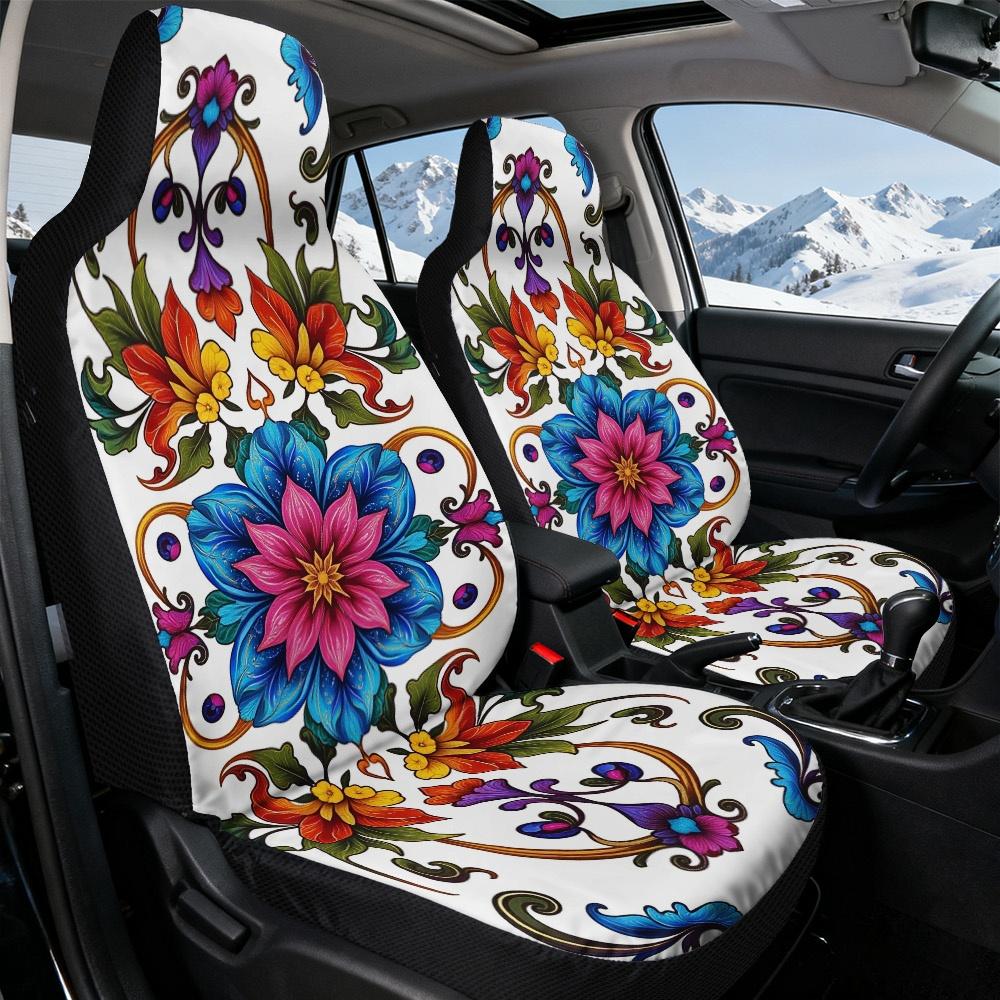 2D Flat Printing, 2pcs Car Seat Covers Front Seat, Decorative Car Seat Covers, Floral Colorful Symmetry Print, Easy Installation
