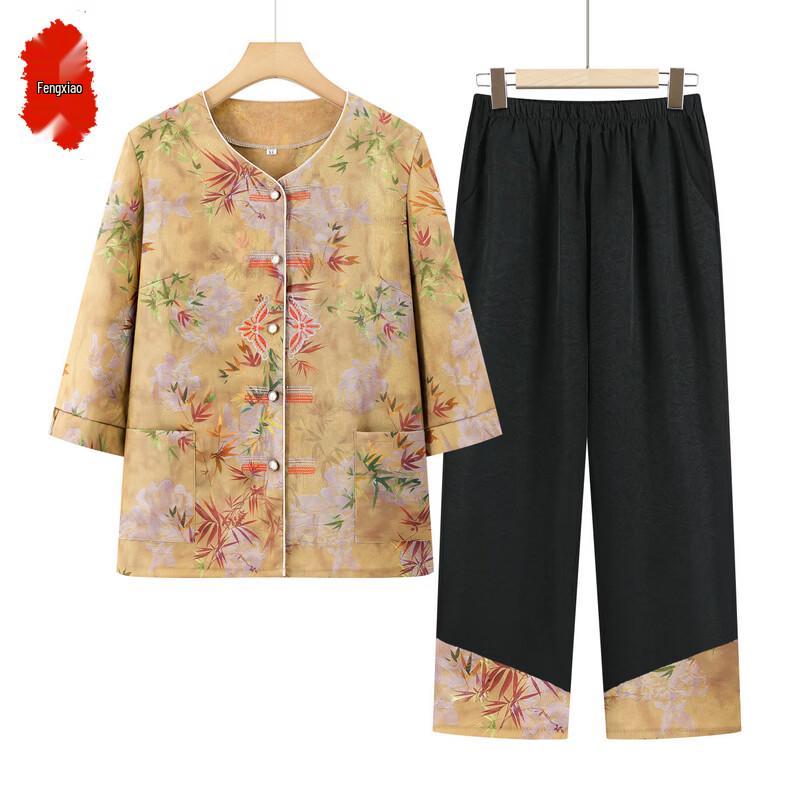 Women s Chinese Style Mid-Sleeve Summer Shirt Set 4XL