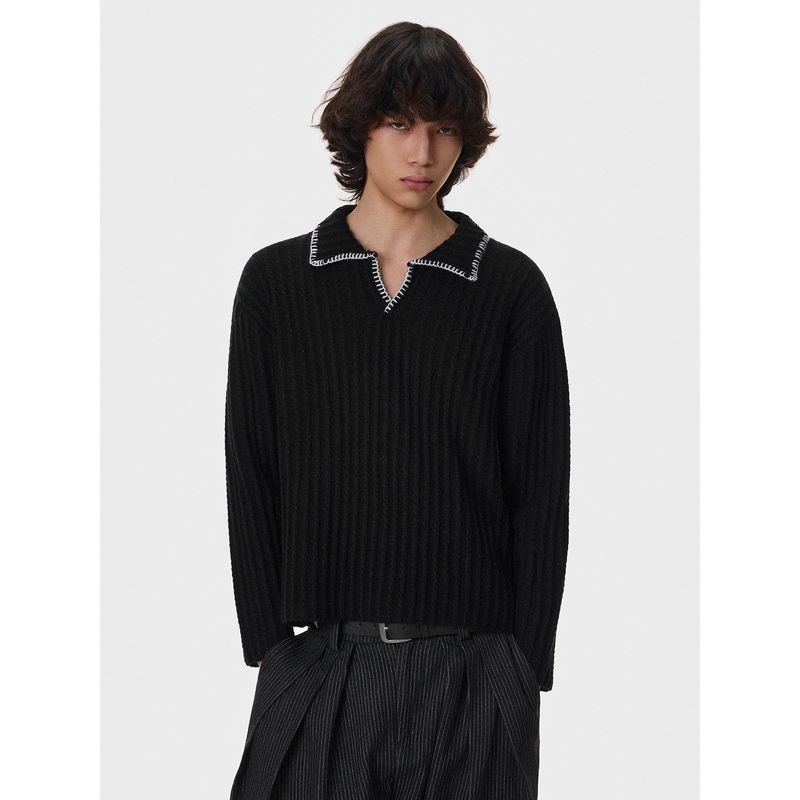 Blaexit Hand-Stitched Old Money Style Black V-Neck Striped Knit Sweater for Men, Early Autumn Regular Shoulder Long-Sleeve T-Shirt