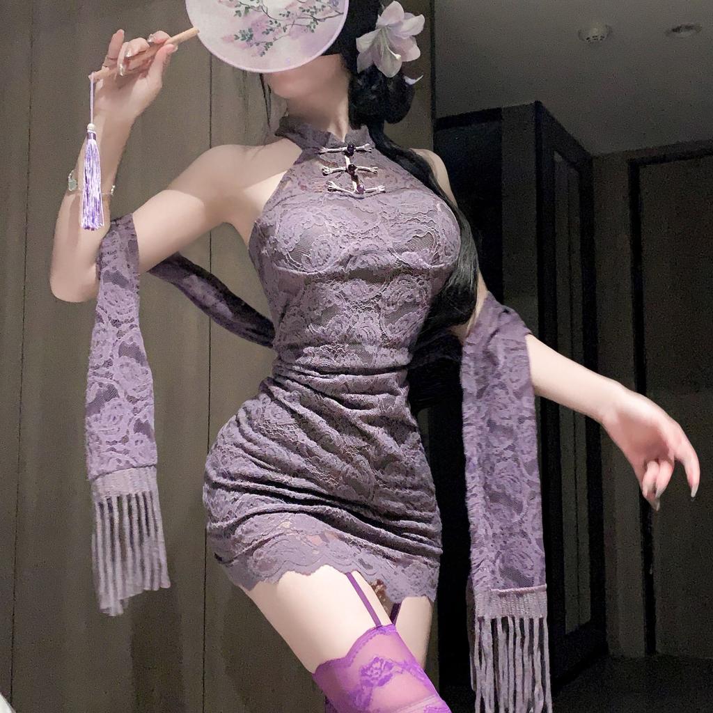 Sex underwear sexy disc buckle lace stand-up collar cheongsam pure desire hot girl purple neck cheongsam woman