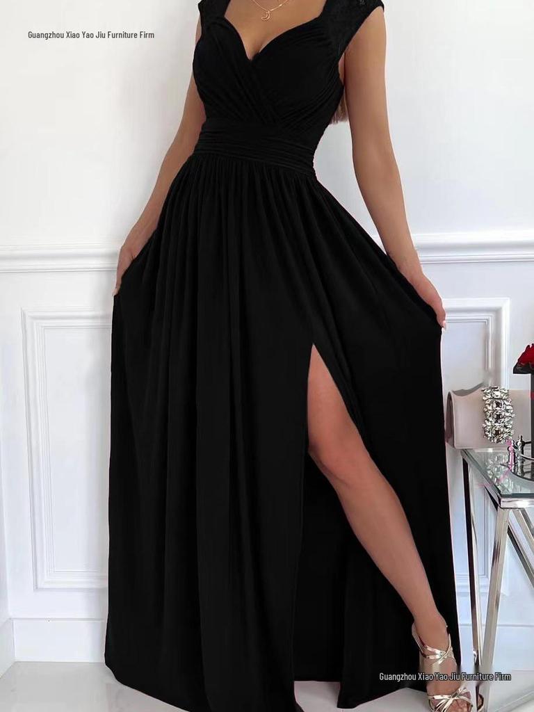 2026 Bez rukávů Krajka Záda odhalená Evropsko-americké Dámské Šaty s rozparkem na lemu