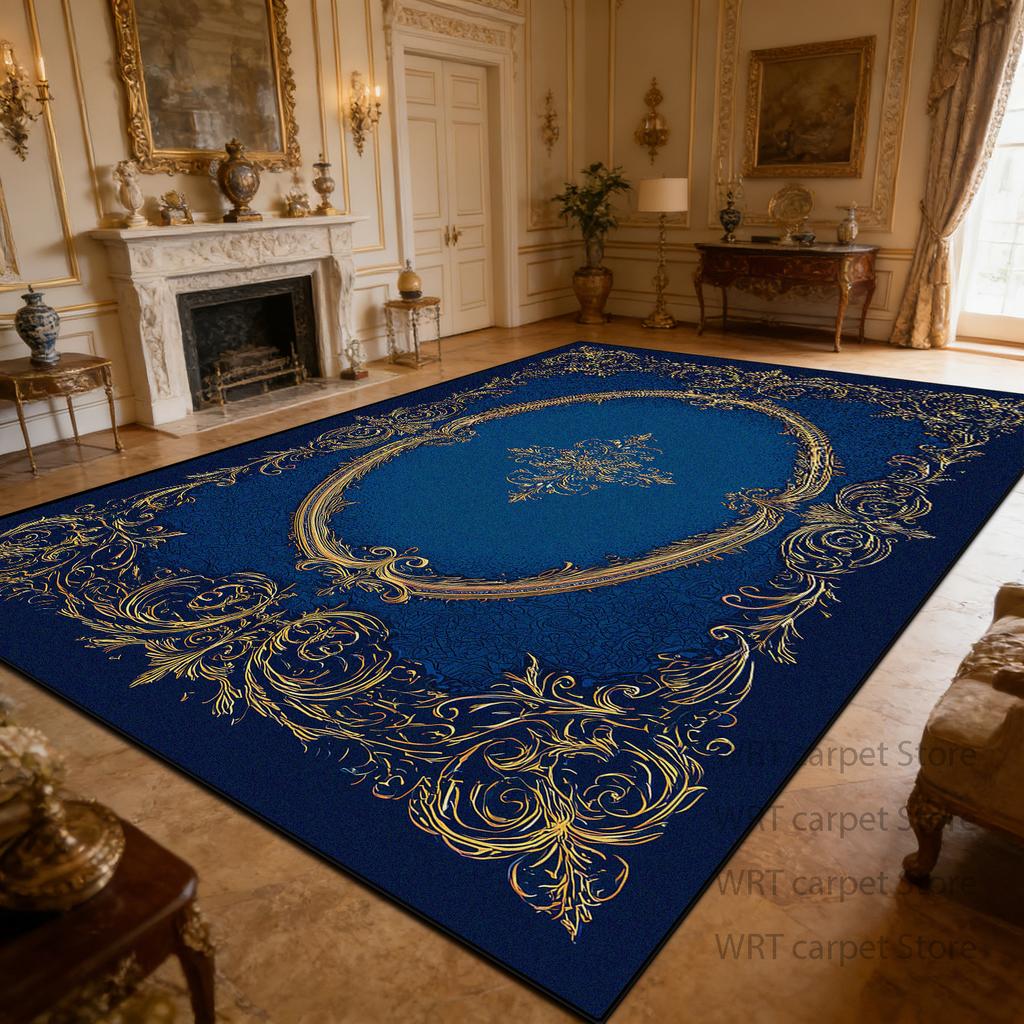 Luxury Retro Blue Golden Carpet Living Room Short Velvet European Style Washable Soft Large Area Rugs Dining Room Bedroom Mats