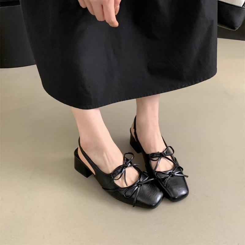 Women Silver Bow Square Toe Ballet Shoes Summer Design Heel Women Fashion Dress Singbacks Shoes Ladies Outdoor Leather Sandalias
